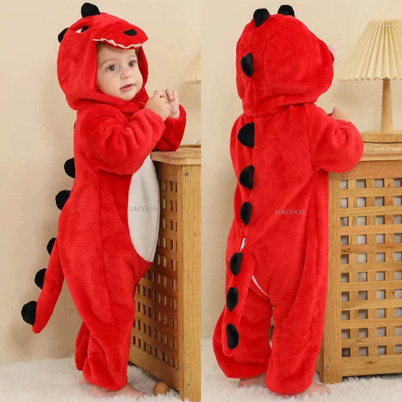 Animal Kigurumi Costume for Babies and Toddlers, Hooded Flannel Jumpsuit with Long Sleeves for Halloween Dress-Up and Family Photos