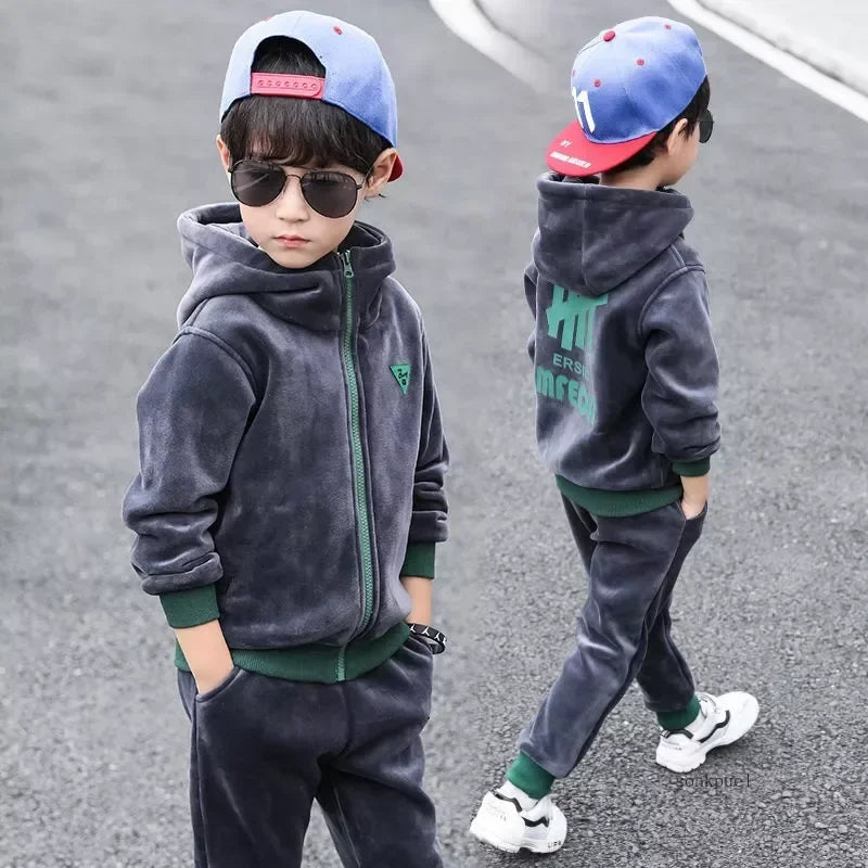 Boys Winter Tracksuit Set with Velvet-Texture Zip-Up Hooded Jacket and Matching Pants, 2-Piece Polyester Outfit for Ages 3-10