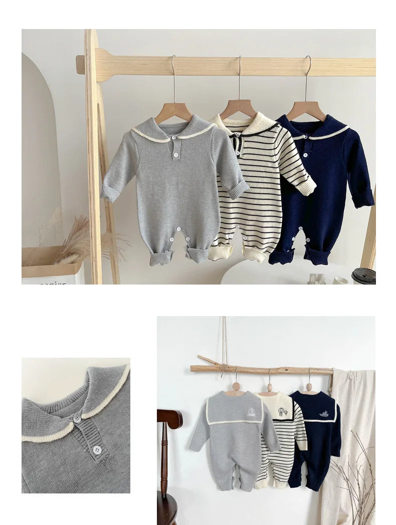 Sailor Collar Baby Knit Romper with Long Sleeves and Button Fastenings, Footless One-Piece Outfit in Gray, Stripe or Dark Blue, Sizes 66-100