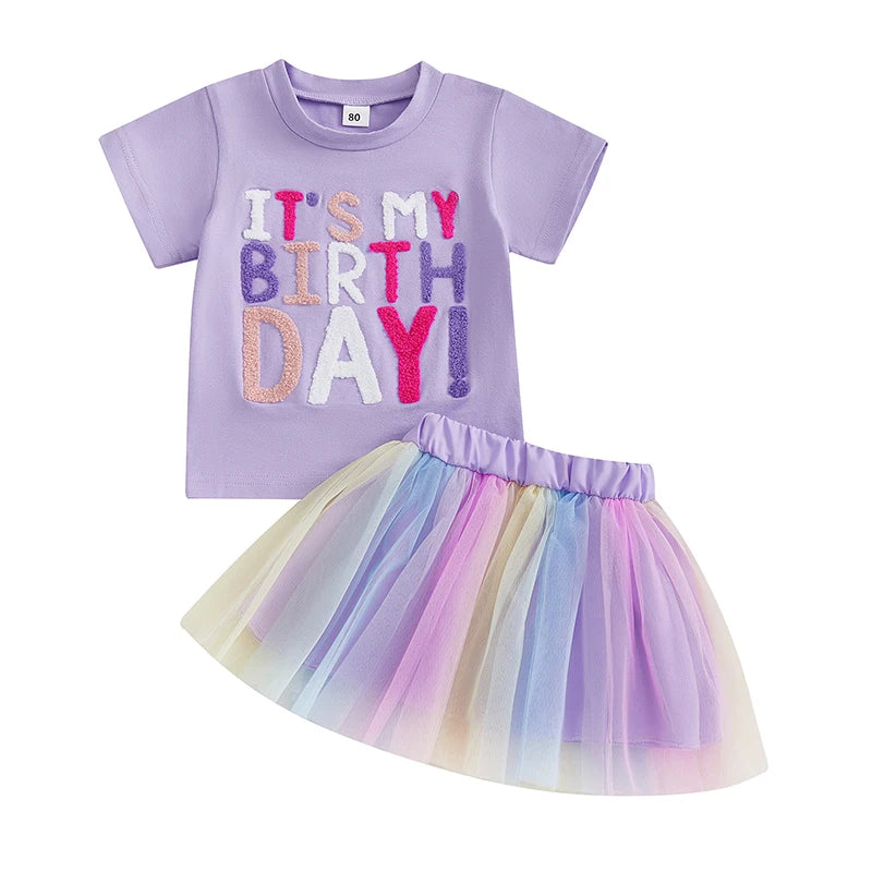 Toddler Girl Birthday Outfit with Purple Embroidered Tee and Pastel Rainbow Tulle Skirt, Two-Piece Party and Photo Set, 12 Months-6 Years