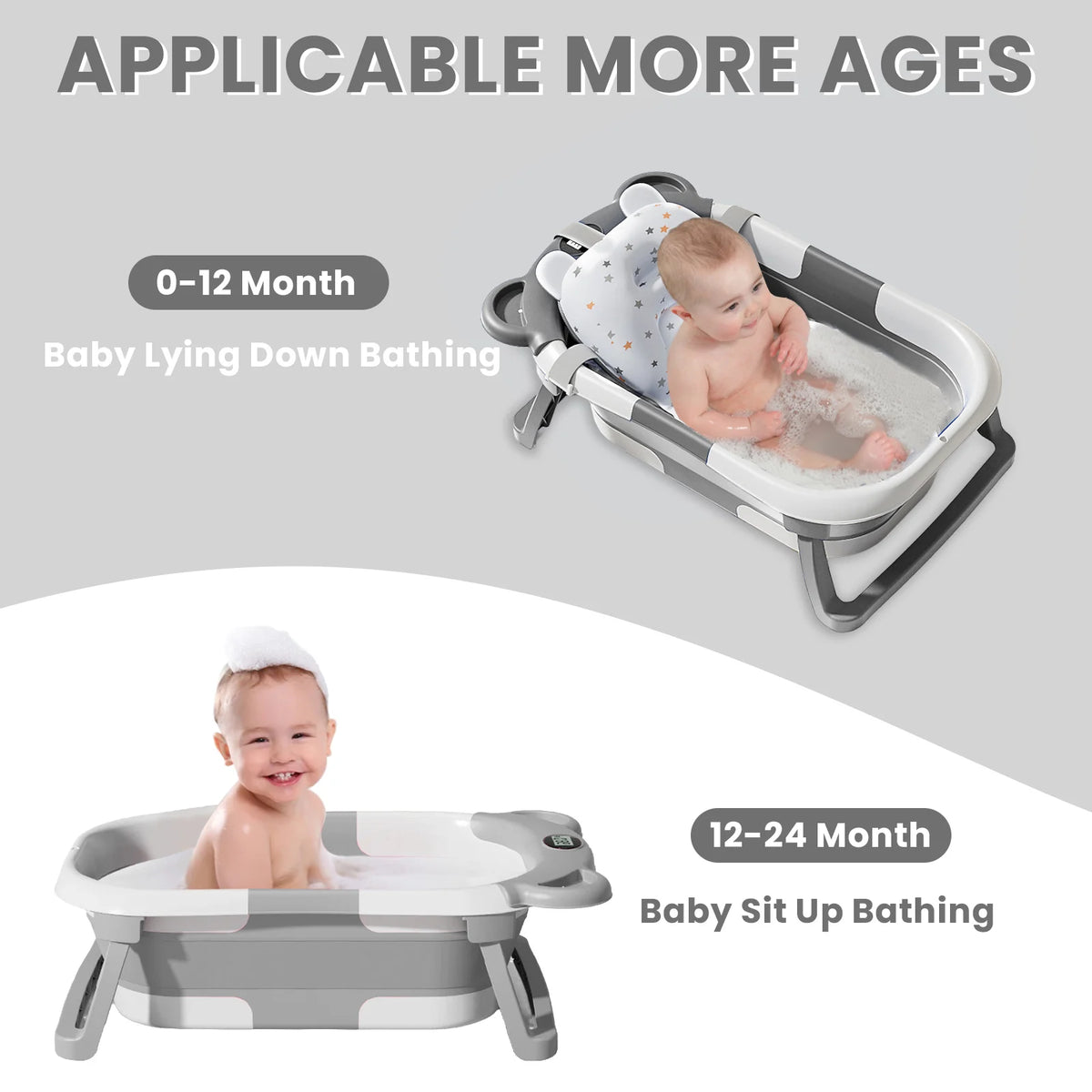 Travel Baby Bathtub with Thermometer and Soft Floating Cushion, Collapsible PP and TPE Bath Tub with Drain Plug for Supervised Infant and Toddler Bathing