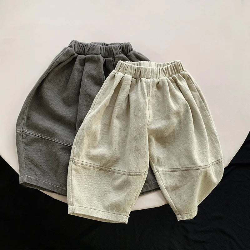 Toddler Wide Leg Pants with Elastic Waist and Stitched Patch Pockets, Apricot or Dark Gray Casual Harem Trousers for Boys and Girls, 12M–6T