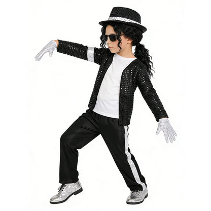 Kids Pop Star Costume with Black Sequin Jacket and Pants Set Options, Retro Dance Performance Outfit for Halloween and Parties, Sizes S-XL