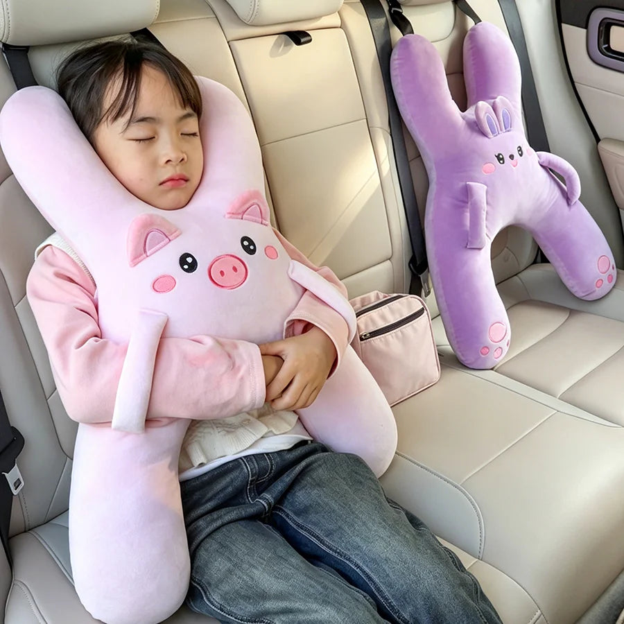 Kids Car Neck Pillow for Back Seat Travel, Child Head Support Accessory with Seat Belt Attachment for Road Trips and Long Drives