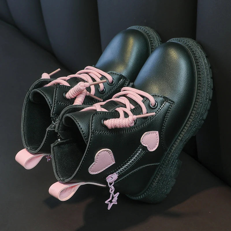 Girls Heart Ankle Boots with Lace-Up Front, Side Zipper and Star Accents, Pink or Black Fashion Shoes with Optional Plush Lining, Sizes 26–37