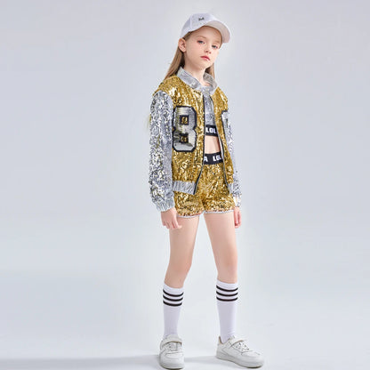 Girls Sequin Hip Hop Dance Costume Set with Metallic Trim Jacket, Crop Top, Shorts and Striped Socks for Jazz Recitals and Stage Performances