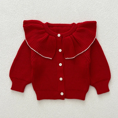 Contrast-Trim Ruffle Collar Baby Girl Cardigan Styles with Button Front and Long Sleeves, Infant and Toddler Knit Sweater Options in Sizes 3M-3T