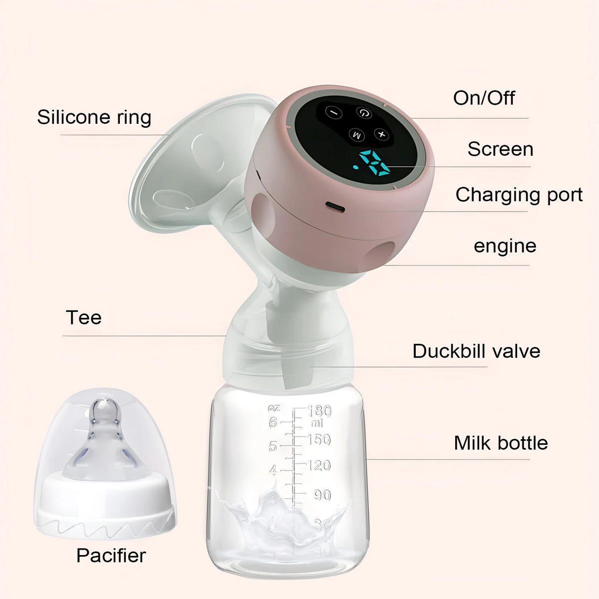 Single Electric Breast Pump in Pink with Integrated Bottle Design, Digital Control Panel, Charging Cable and Accessories for Nursing Moms