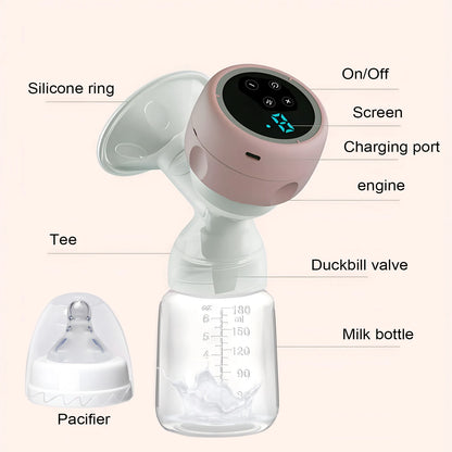Single Electric Breast Pump in Pink with Integrated Bottle Design, Digital Control Panel, Charging Cable and Accessories for Nursing Moms