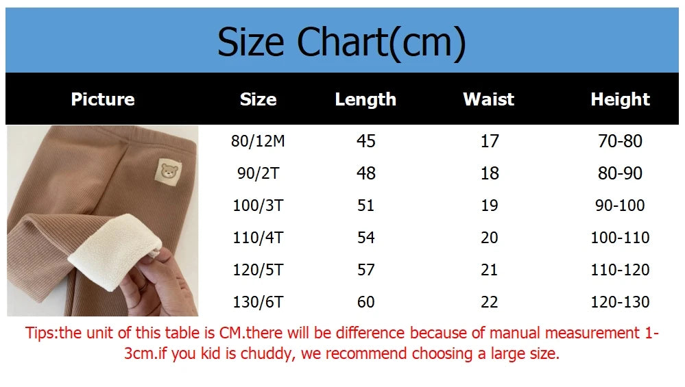 Ribbed Toddler Fleece Lined Pants with Bear Patch, Elastic Waist Pull-On Winter Trousers for Boys and Girls, Listed Sizes 12M to 6T