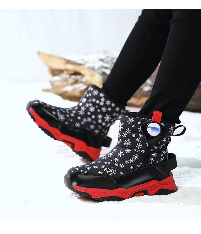 Snowflake Print Kids Winter Boots with Padded Shafts, Pull Tabs and Chunky Tread Soles, Pink Snow-Style Footwear for Boys and Girls