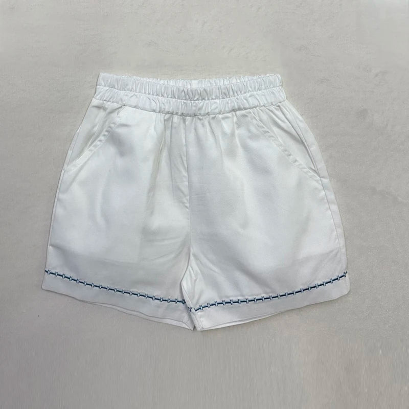 Matching Sibling Clothes with Classic Blue Trim, Shirts, Shorts, Overalls, Dresses and Cardigan Options for Baby Boys, Girls and Kids