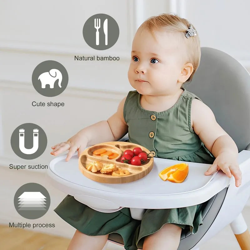 Bamboo Baby Tableware Set with Animal Plate Designs, Bowl, Cup and Wooden-Handle Utensil Options for Supervised Infant and Toddler Mealtimes