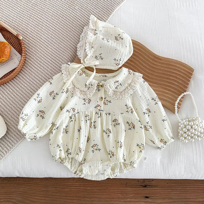 Lace Collar Baby Girl Romper with Bonnet, Cream Floral Long Sleeve Bubble One-Piece and Matching Hat for Spring Photos, Sizes 66-90