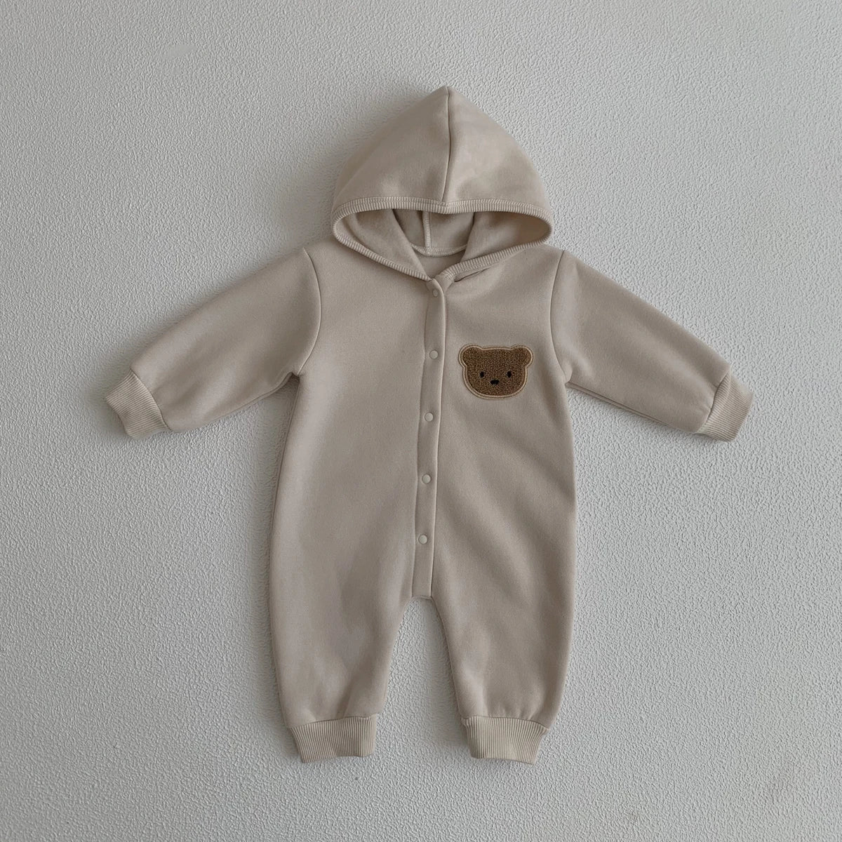 Baby Hooded Snap Front Jumpsuit with Bear Patch, Long Sleeve One-Piece Outfit in Coffee or Beige for Boys and Girls, Sizes 3M-18M