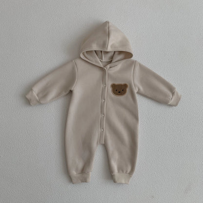 Baby Hooded Snap Front Jumpsuit with Bear Patch, Long Sleeve One-Piece Outfit in Coffee or Beige for Boys and Girls, Sizes 3M-18M