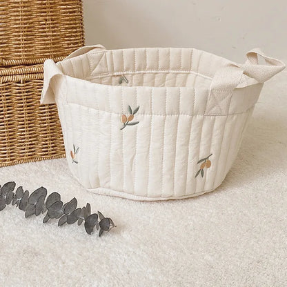 Diaper Storage Basket with Cute Bear Embroidery and Carry Handles, Quilted Nursery Organizer for Newborn Diapers, Toys and Baby Essentials
