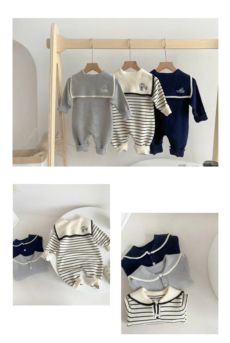 Sailor Collar Baby Knit Romper with Long Sleeves and Button Fastenings, Footless One-Piece Outfit in Gray, Stripe or Dark Blue, Sizes 66-100