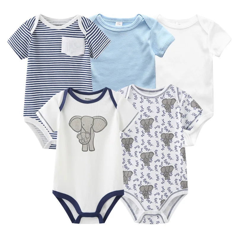 Infant Cotton Bodysuits 5-Pack with Short Sleeves and Envelope Shoulders, Solid Colors and Playful Prints for Baby Boys and Girls, Sizes 3M-12M