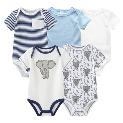 Infant Cotton Bodysuits 5-Pack with Short Sleeves and Envelope Shoulders, Solid Colors and Playful Prints for Baby Boys and Girls, Sizes 3M-12M