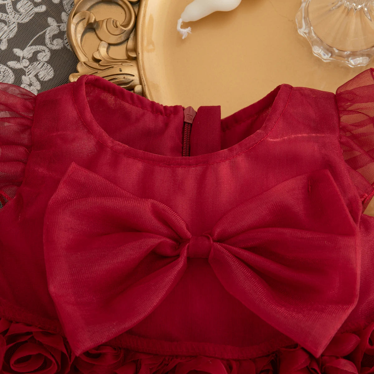 Rosette Baby Girl Party Dress with Large Front Bow and Ruffled Shoulders, Pink or Red Sleeveless Outfit for First Birthdays and Wedding Photos