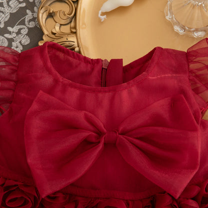 Rosette Baby Girl Party Dress with Large Front Bow and Ruffled Shoulders, Pink or Red Sleeveless Outfit for First Birthdays and Wedding Photos