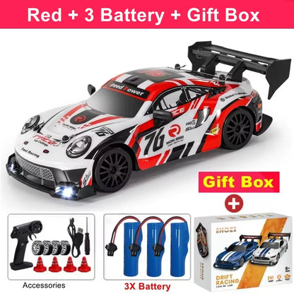 RC Drift Racing Car with 4WD, 2.4GHz Proportional Remote Control, LED Lights and Replaceable Racing and Drift Tires for Kids and Adults