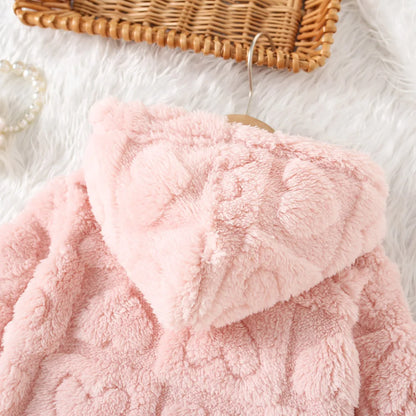 Baby Girl Fleece Zip-Up Jacket with Hood, Pink Heart or Bear Style Toddler Outerwear for Spring and Fall, Sizes 6-9M through 2-3Y