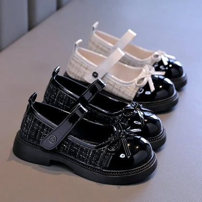 Girls Patchwork Mary Jane Shoes with Bow Detail, Glossy Round Toe and Textured Panels in Black or Beige for Spring Fall Dressy Outfits