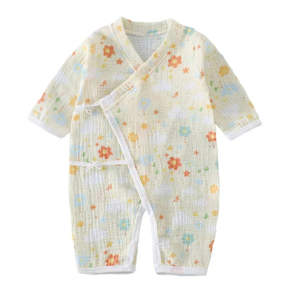 Muslin Cotton Baby Kimono Romper with Side Ties and Leg Snaps, Long Sleeve Printed Footless Jumpsuit for Boys and Girls, 0-24 Months