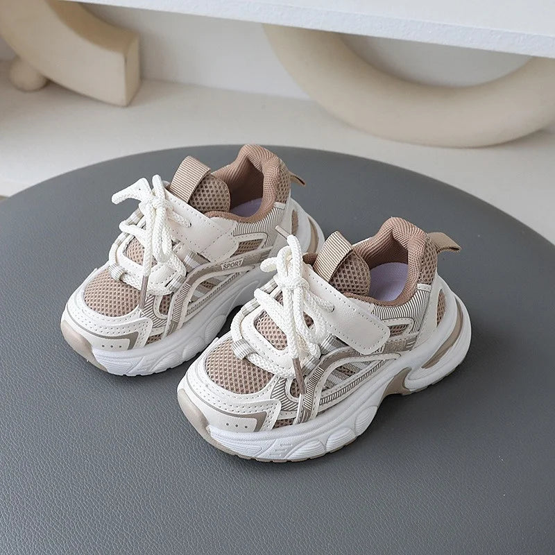 Children Mesh Sports Sneakers with Layered Panels, Lace and Strap Styling for Boys and Girls, Casual Spring and Fall Shoes in Red, Khaki or Black