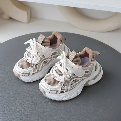 Children Mesh Sports Sneakers with Layered Panels, Lace and Strap Styling for Boys and Girls, Casual Spring and Fall Shoes in Red, Khaki or Black