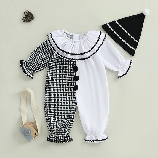Baby Clown Costume with Hat, Harlequin Diamond Print Long Sleeve Jumpsuit with Ruffle Collar and Pom-Pom Details for Halloween Photos