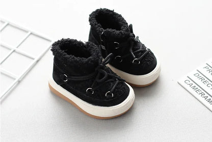 Toddler Plush Panel Lace-Up Boots with Rubber Soles and Cozy Cuffs, Beige, Black or Pink Winter Ankle Shoes for Boys and Girls, 12-15.5 cm Insoles