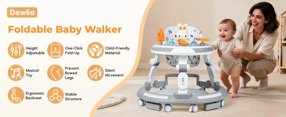 Baby Walker Activity Center in White, 4-in-1 Play Design with 3 Frame Height Settings, 5 Seat Adjustments and Wheeled Base for Indoor Use
