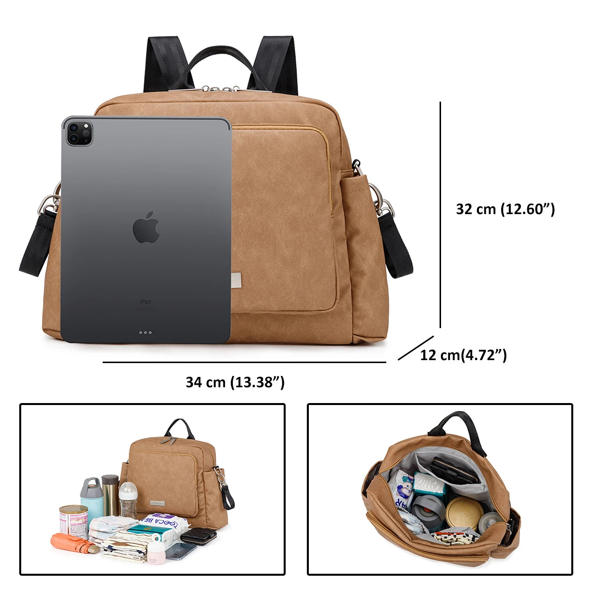Diaper Bag Backpack with Wide Front Zip Pocket, SOBOBA Baby Essentials Organizer with Side Pockets and Top Handle, 34 x 32 x 12 cm