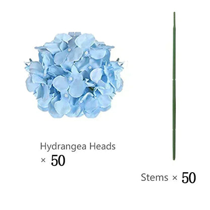 Artificial Hydrangea Flower Heads, 50-Piece Silk-Fabric Floral Set with Stem or Leaf Options for DIY Wedding Centerpieces, Baby Showers and Home Decor