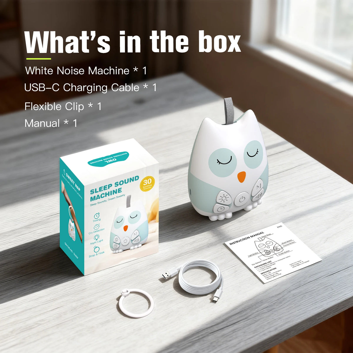 Owl Baby Sound Machine with Cry Sensor, 30 Soothing Sounds, Breathing Night Light and 30/60/90-Minute Timer, USB-C Rechargeable for Nursery & Travel