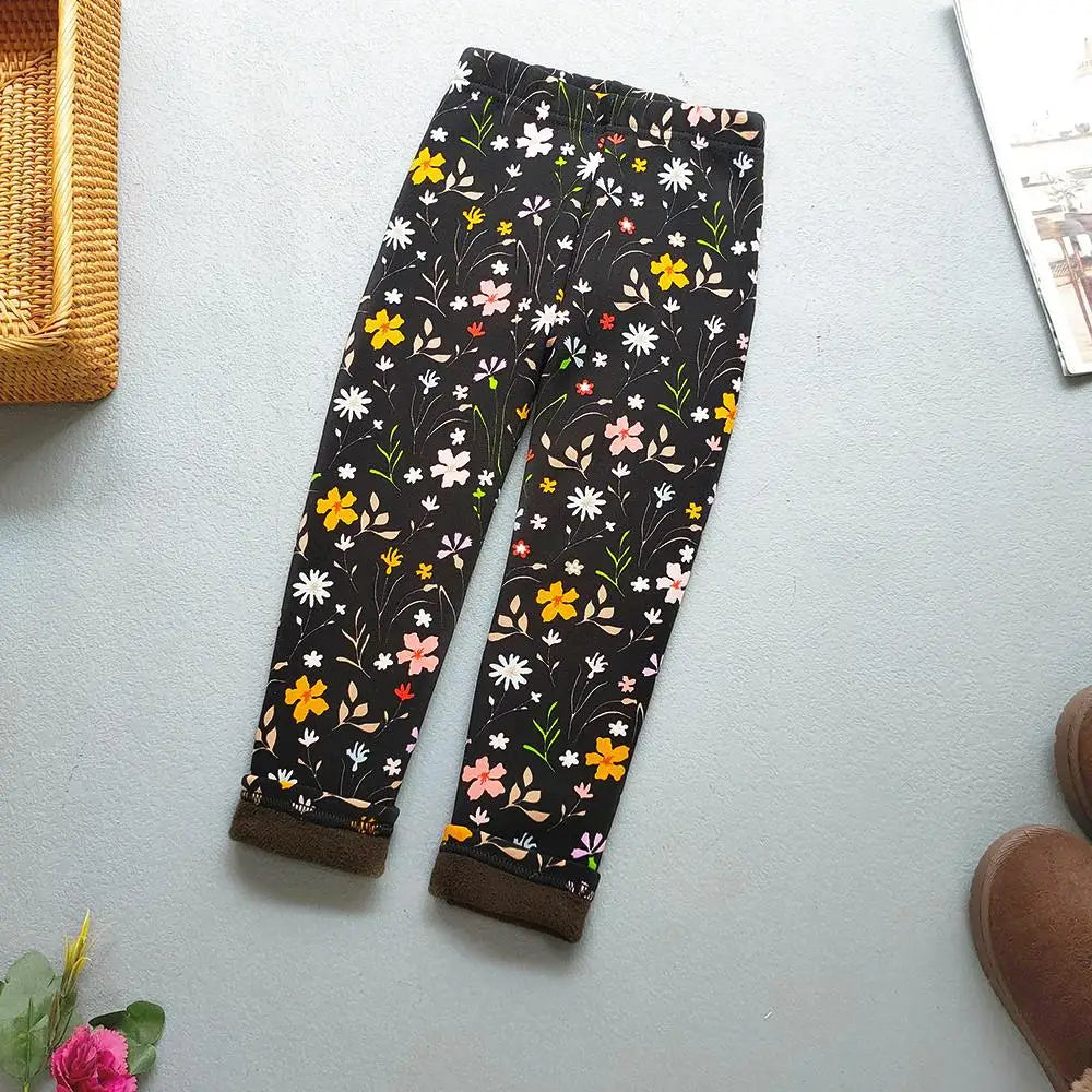 Printed Lined Leggings for Girls, Plush-Textured Winter Pants with Floral Heart and Pattern Options for Toddler and Kids Outfits, Sizes 2-3T to 10-11