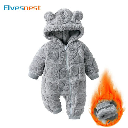 Baby Hooded Winter Romper with Long Sleeves and Cartoon Design, Cozy One-Piece Outfit for Infant Boys and Girls in Sizes 0 to 18 Months