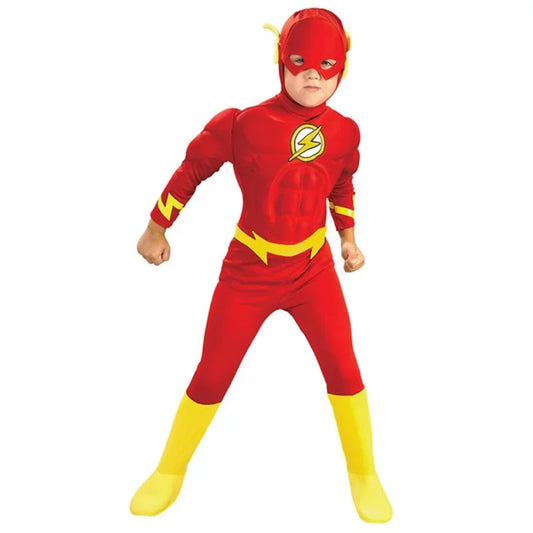 Kids Flash Muscle Costume Set with Jumpsuit, Headgear and Belt, Red Superhero Dress-Up Outfit for Halloween, Carnival and Birthday Parties