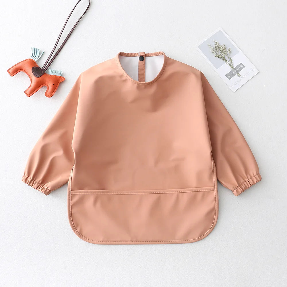 Long Sleeve Feeding Bib for Babies and Toddlers, Solid Color Polyester Mealtime Apron with Front Pocket for Snacks and Messy Art Play