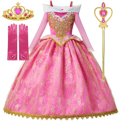 Pink Princess Costume Dress for Girls with Gold-Tone Detailing and Long Sleeves, Aurora-Inspired Party Dress-Up with Selectable Bundle Options