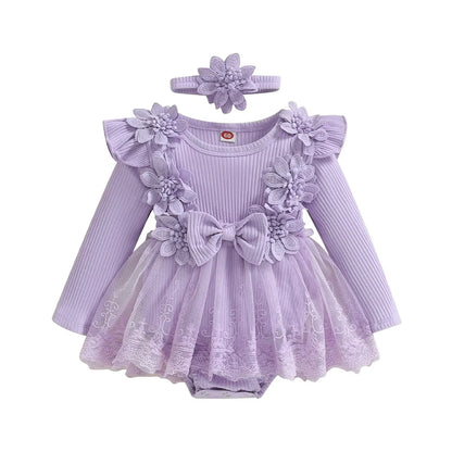 Baby Girl Romper Dress and Headband Set with 3D Flowers, Bow and Mesh Skirt, Long Sleeve Ribbed Cotton-Blend Outfit in Five Colors, 3M-18M