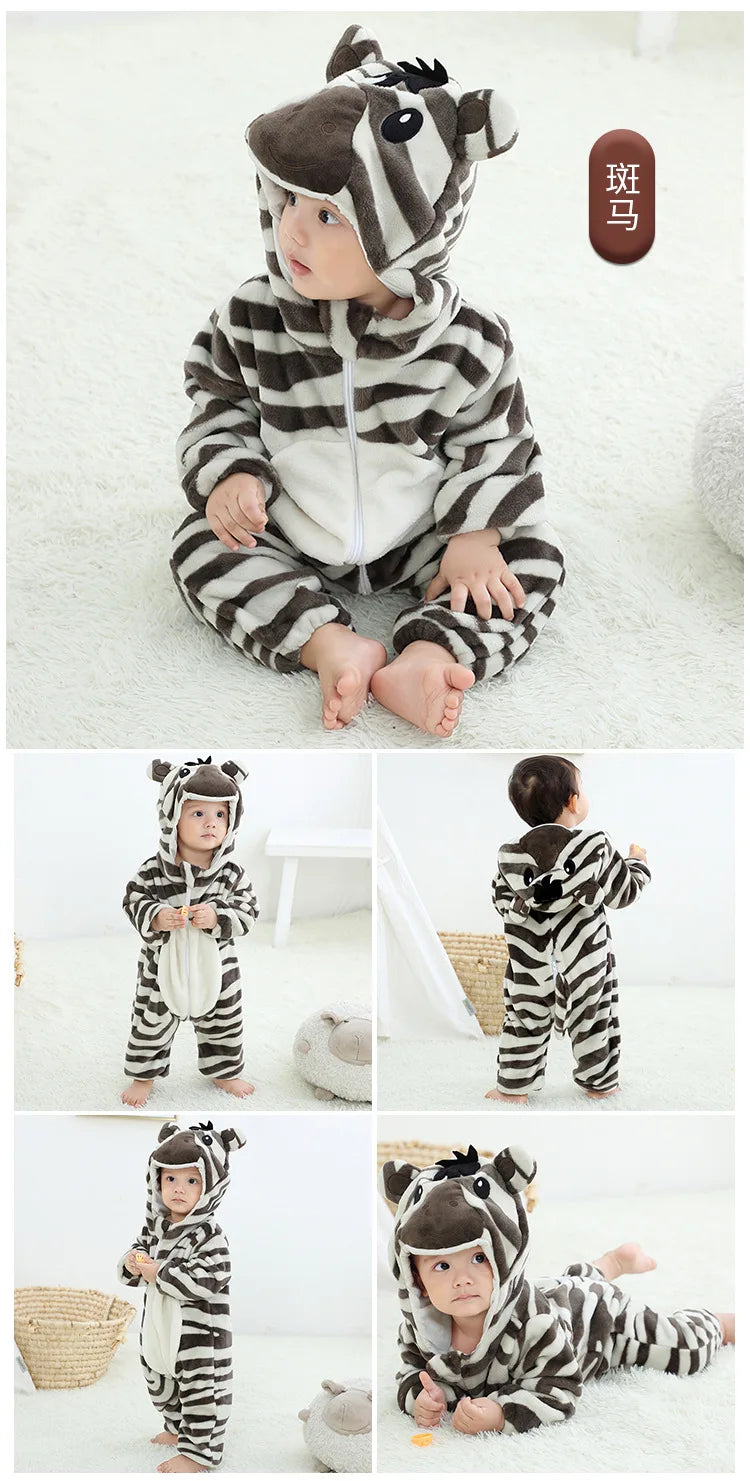 Baby Animal Hooded Costume Jumpsuit with Flannel Styling, Duck, Rabbit, Leopard and More Dress-Up Options for Boys and Girls, Sizes 70-120