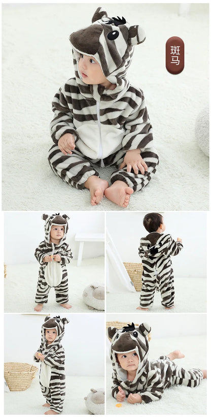 Baby Animal Hooded Costume Jumpsuit with Flannel Styling, Duck, Rabbit, Leopard and More Dress-Up Options for Boys and Girls, Sizes 70-120