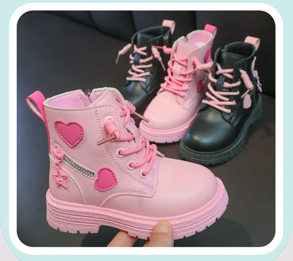 Girls Heart Ankle Boots with Lace-Up Front, Side Zipper and Star Accents, Pink or Black Fashion Shoes with Optional Plush Lining, Sizes 26–37