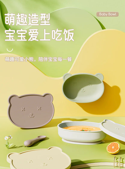 Bear-Shaped Silicone Baby Plate with Lid, Anti-Slip Feeding Dish with Raised Sides for Supervised Infant and Toddler Meals in Four Colors