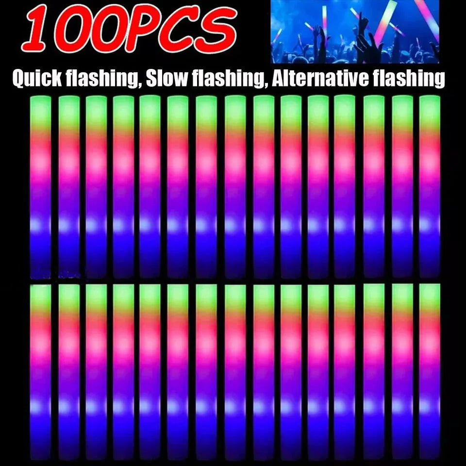 Bulk RGB LED Glow Sticks, 100-Pack Light-Up Foam Cheer Tubes with 3 Flashing Modes and Included Batteries for Weddings, Birthdays and Christmas Parties