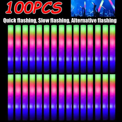 Bulk RGB LED Glow Sticks, 100-Pack Light-Up Foam Cheer Tubes with 3 Flashing Modes and Included Batteries for Weddings, Birthdays and Christmas Parties